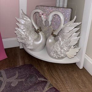 Pearl White Swan Figurine Pair with Gold Crowns